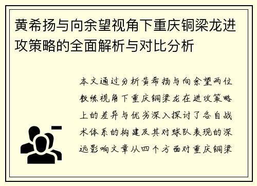 黄希扬与向余望视角下重庆铜梁龙进攻策略的全面解析与对比分析
