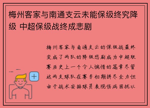 梅州客家与南通支云未能保级终究降级 中超保级战终成悲剧